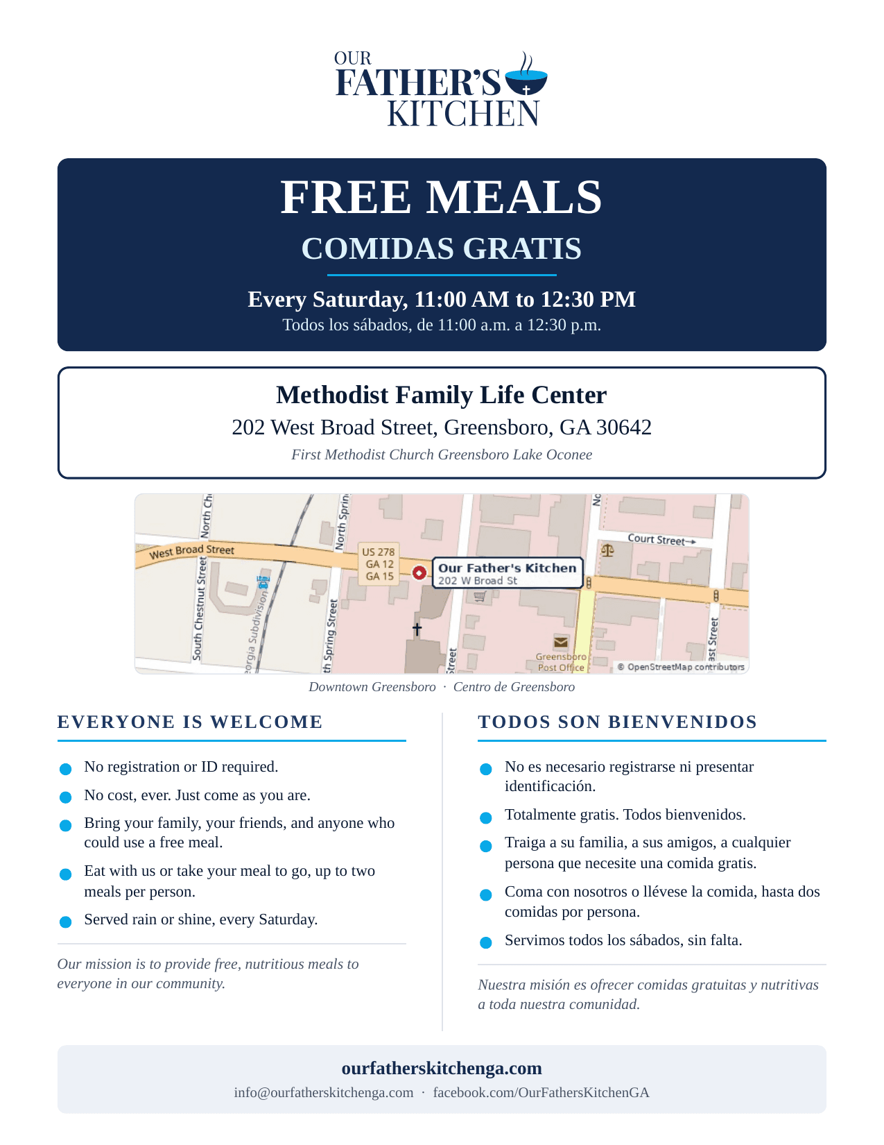 Our Father's Kitchen flyer with meal times and address in English and Spanish